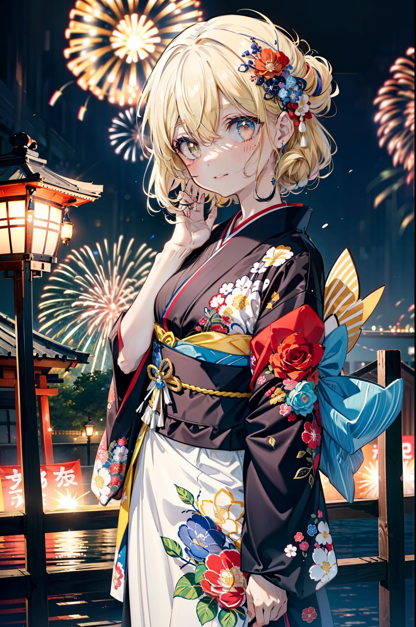 Eiswallenstein, Eyes Wallenstein, blonde, Hair between the eyes, hair band, Long Hair, (Yellow Eyes:1.5), hair tied back,Flower Hair Ornaments,smile,blush,Blue Kimono,日本のfestival,夏festivalの屋台,Red lantern,Fireworks in the night sky,Fireworks,The place is a fireworks display,Time is night,whole bodyがイラストに入るように,
break looking at viewer,whole body, (Cowboy Shot:1. 5),
break ourdoors ,festival, break (masterpiece:1.2), Highest quality, High resolution, unity 8k wallpaper, (shape:0.8), (Beautiful and beautiful eyes:1.6), Highly detailed face, Perfect lighting, Extremely detailed CG, (Perfect hands, Perfect Anatomy),