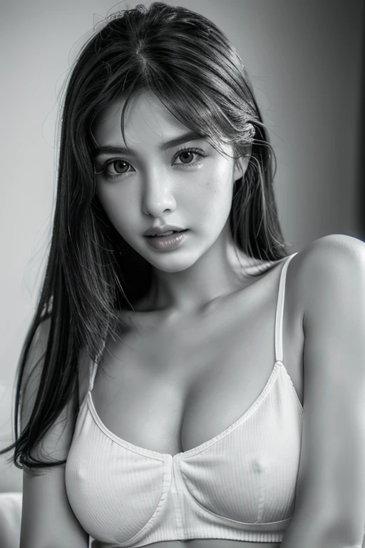 8k wallpaper, highest quality, masterpiece, realistic, Photoreal, super detailed, soft small breasts, model style, RAW photo of 19 year old woman, ((monochrome photography)), 1 adorable girl, (facing the front), upper body photo, (pale vermilion lips), detailed clavicle, perfect face, straight hair, super detailed, film grain, 超realistic, ultra realistic texture
