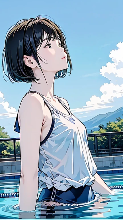 Master Painting、Highest quality、scenery、Cumulonimbus、Pool、woman、Black Hair、Bobcut、Look up at the sky、profile、Upper Body、School Swimsuit、Center of chest、Japanese。