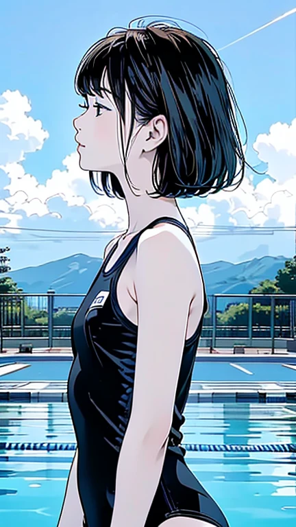 Master Painting、Highest quality、scenery、Cumulonimbus、Pool、woman、Black Hair、Bobcut、Look up at the sky、profile、Upper Body、School Swimsuit、Center of chest、Japanese。