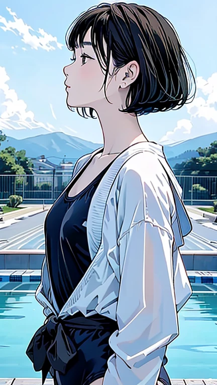 Master Painting、Highest quality、scenery、Cumulonimbus、Pool、woman、Black Hair、Bobcut、Look up at the sky、profile、Upper Body、School Swimsuit、Center of chest、Japanese。