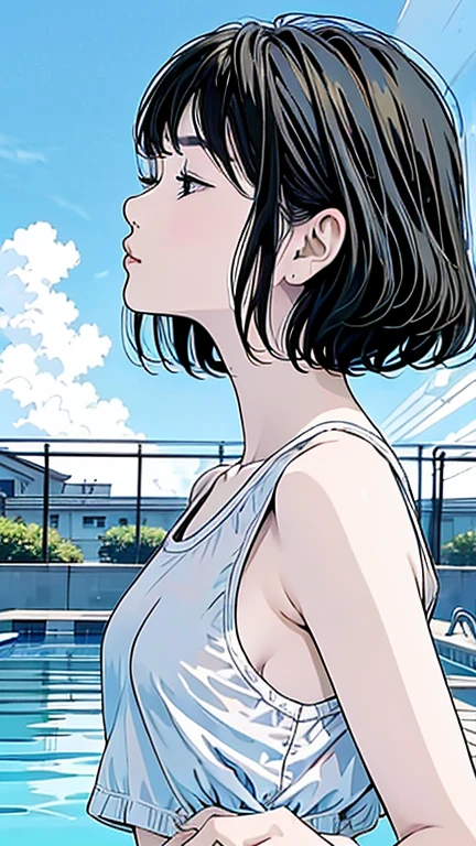 Master Painting、Highest quality、scenery、Cumulonimbus、Pool、woman、Black Hair、Bobcut、Look up at the sky、profile、Upper Body、School Swimsuit、Center of chest、Japanese。