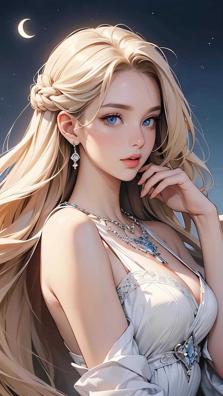 (masterpiece,Highest quality,High resolution,Super detailed,8K),woman,alone,,Official artwork,Greek Goddess,,whole body,Facing forward,Ample breasts,Beautiful valley,Silver blonde hair,,Medium Long、Hair is bunched back,(Beautiful Face,Beautiful Eyes,Blue Eyes,Beautiful nose,Beautiful lips),A look of kindness and compassion,Slender beauty,Looking at this,flower,bird,moon,jewelry,necklace,,White Dress,Sleeveless,Holding,Ancient images,Detailed configuration,background,,(Fractal Art:1.2),