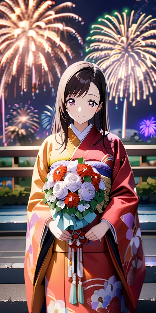 (((((tifa lockhart:1.5))))),((Highest quality、masterpiece、anime style、best quality、high resolution、8k、detailed、ultra-detailed:1.3))、Long legs:1.2, Beautiful woman with perfect figure:1.4、(Smiling:1.2), double eyelid、30-year-old female、((((One Woman,beautiful face,Beautiful face:1.5)))),Big Breasts、High resolution, accurate, Anatomically correct, High-resolution model, high quality, Very detailed, Ultra high definition、Black Hair、Straight Hair、Long Hair、(((long kimono、Vivid Kimono、Beautiful kimono、bouquet,night,fireworks:1.5)))