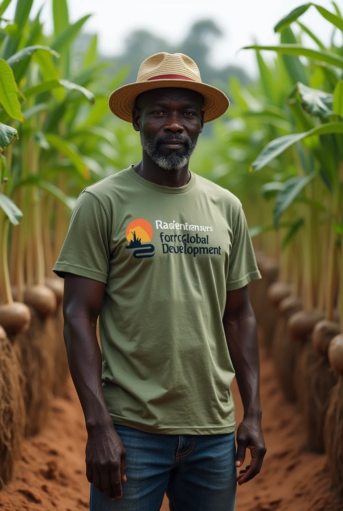 Un  noir agriculteur devant de racines center for global development et portant un t-shirt avec mention Racines center for global development. 