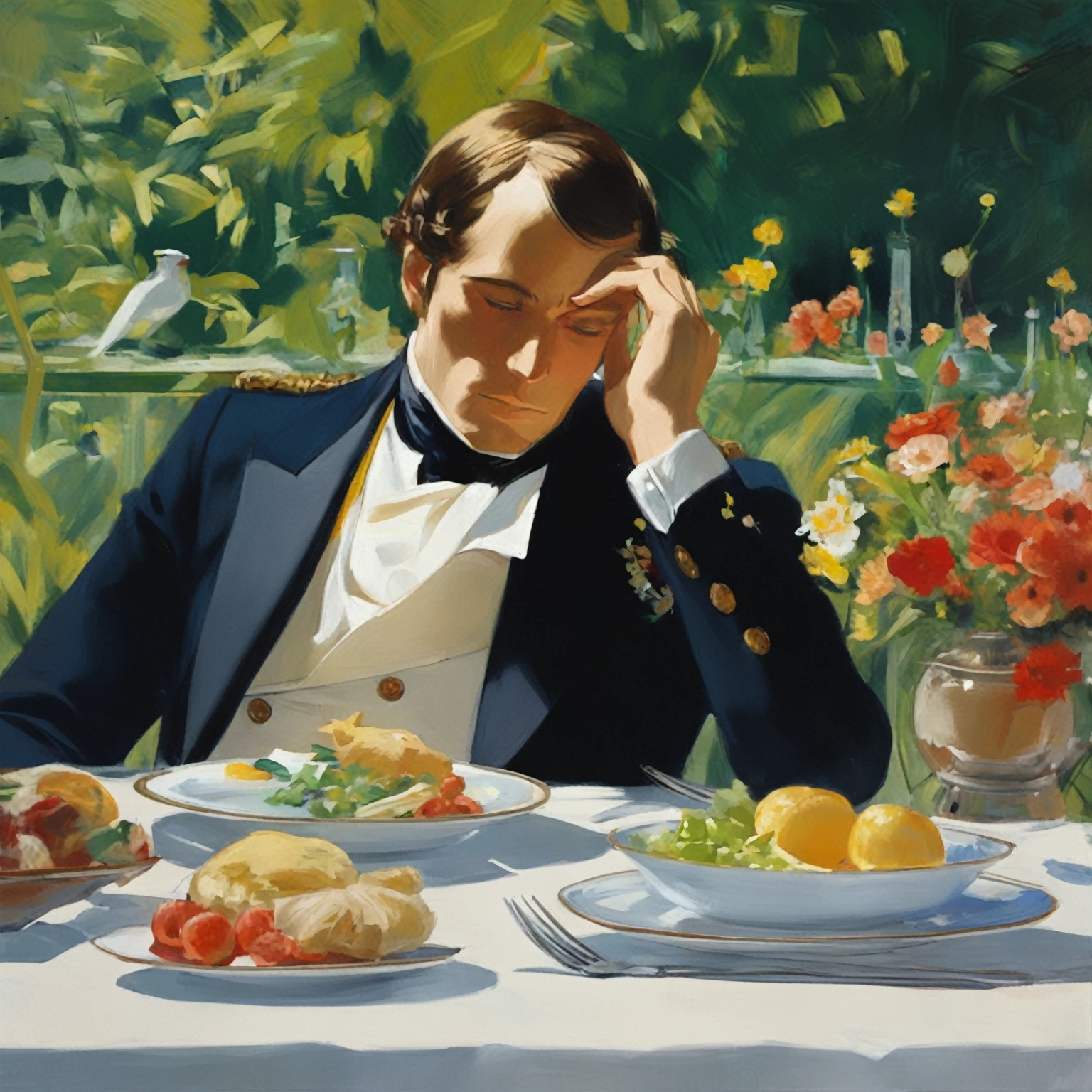 painting of a man in a suit sitting at a table with food, otto schmidt, by Bernard van Orley, j c leyendecker 8 k, by Richard Sedlon, anton, joseph leyendecker, inspired by joseph christian leyendecker, jc leyendecker, by Pruett Carter, j. c. leyendecker 8 k, j c leyendecker