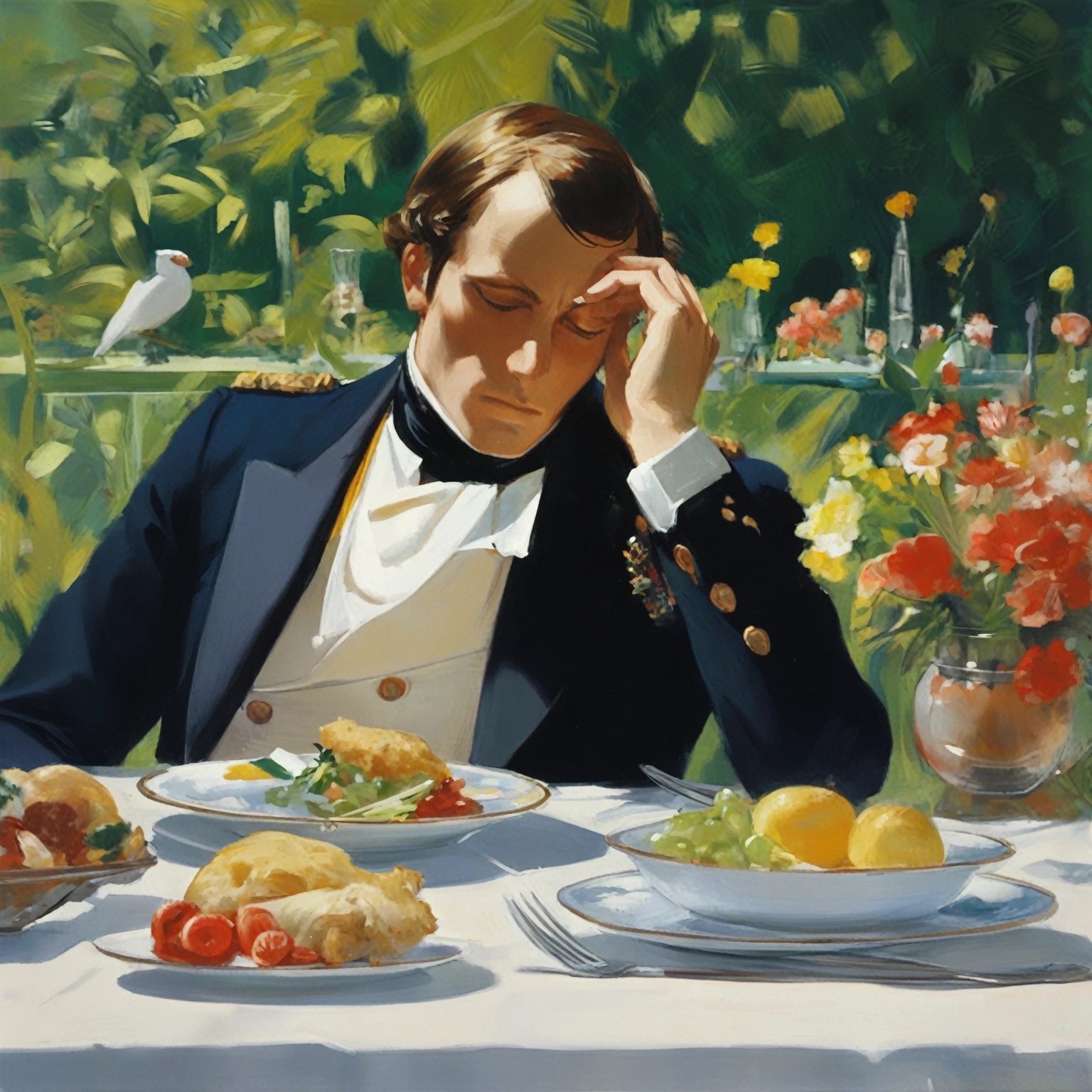 painting of a man in a suit sitting at a table with food, otto schmidt, by Bernard van Orley, j c leyendecker 8 k, by Richard Sedlon, anton, joseph leyendecker, inspired by joseph christian leyendecker, jc leyendecker, by Pruett Carter, j. c. leyendecker 8 k, j c leyendecker