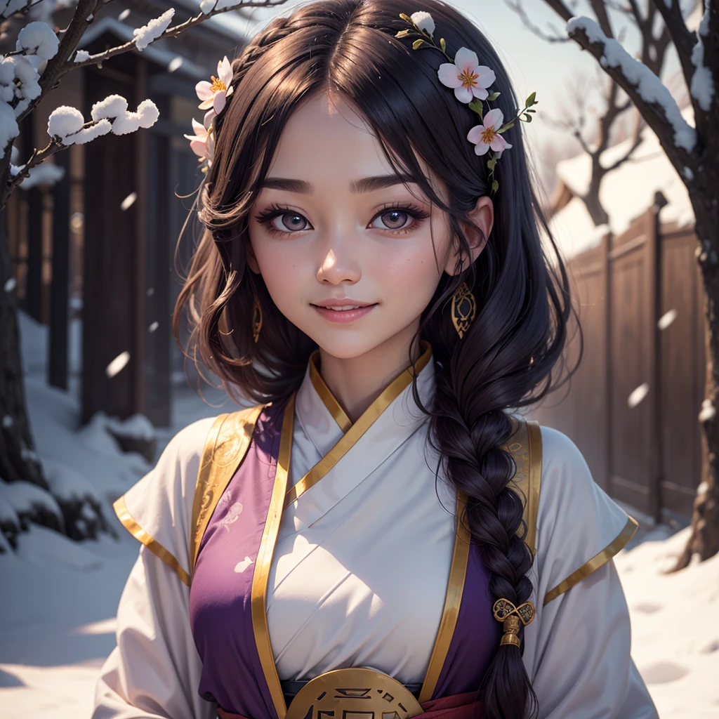 Bright Purple Taoist Robe, Hanfu for falda larga, large eyes, Masterpiece absolute beauty, 1 woman, close up. close up, healing smile, snow scene, 4K image quality, twisted braid, Princess hairstyle princess cut, simple hair accessories, plum blossoms, people can't forget beauty when they see it