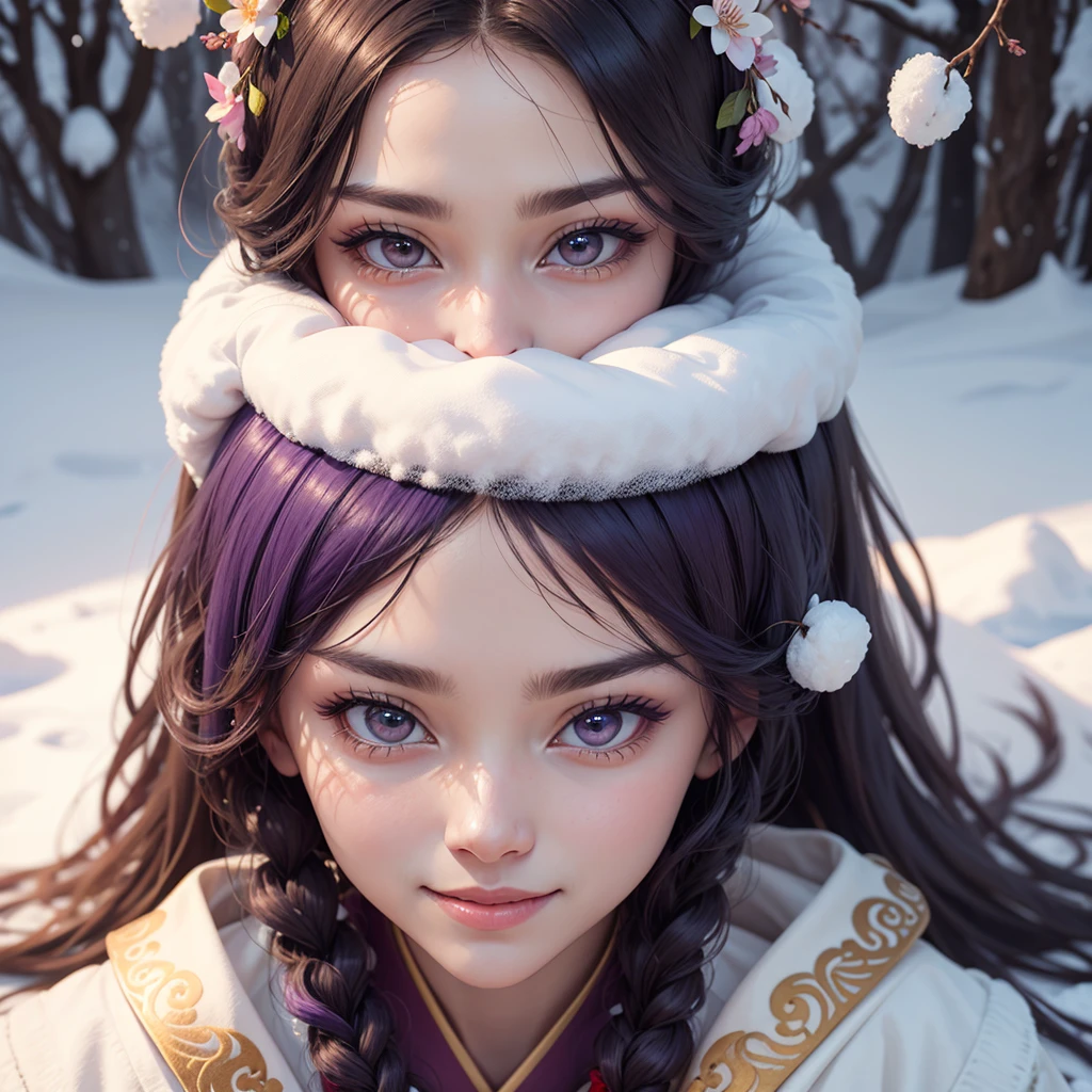 Bright Purple Taoist Robe, Hanfu for falda larga, large eyes, Masterpiece absolute beauty, 1 woman, close up. close up, healing smile, snow scene, 4K image quality, twisted braid, Princess hairstyle princess cut, simple hair accessories, plum blossoms, people can't forget beauty when they see it