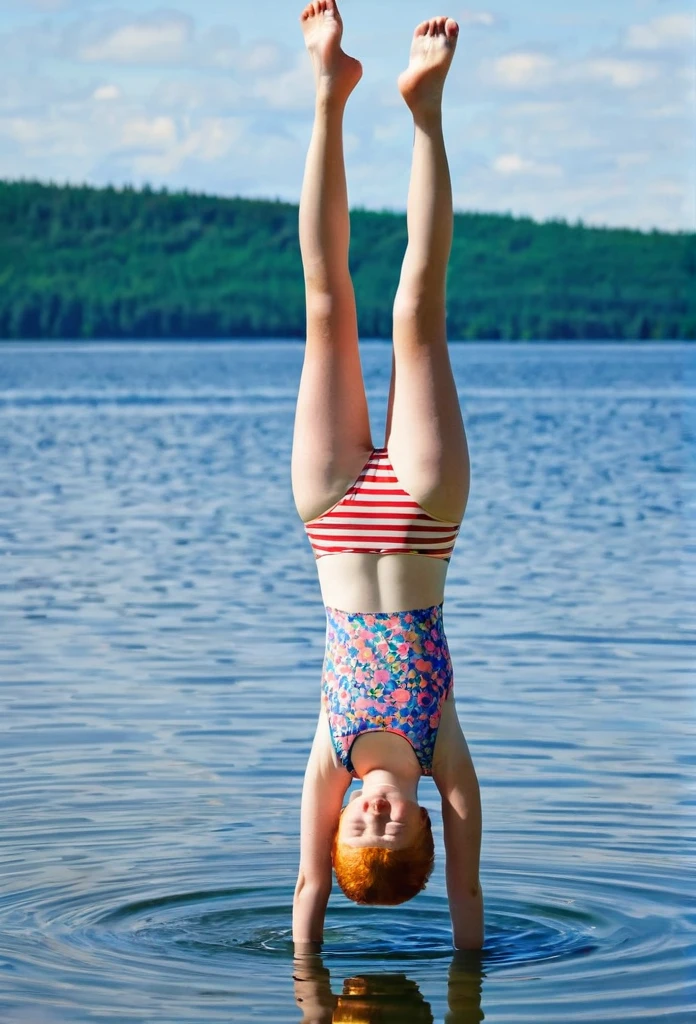 Happy skinny ginger-sweden young kids with short ginger hair, dressed in a light 2-peace swimsuit, happy to show her, on a scorching summer day, in the lagoon do a handstand longer