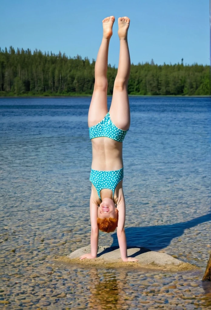 Happy skinny ginger-sweden young kids with short ginger hair, dressed in a light 2-peace swimsuit, happy to show her, on a scorching summer day, in the lagoon do a handstand longer