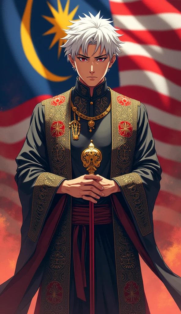 gojo satoru with baju melayu while holding Malaysia flag and full body
