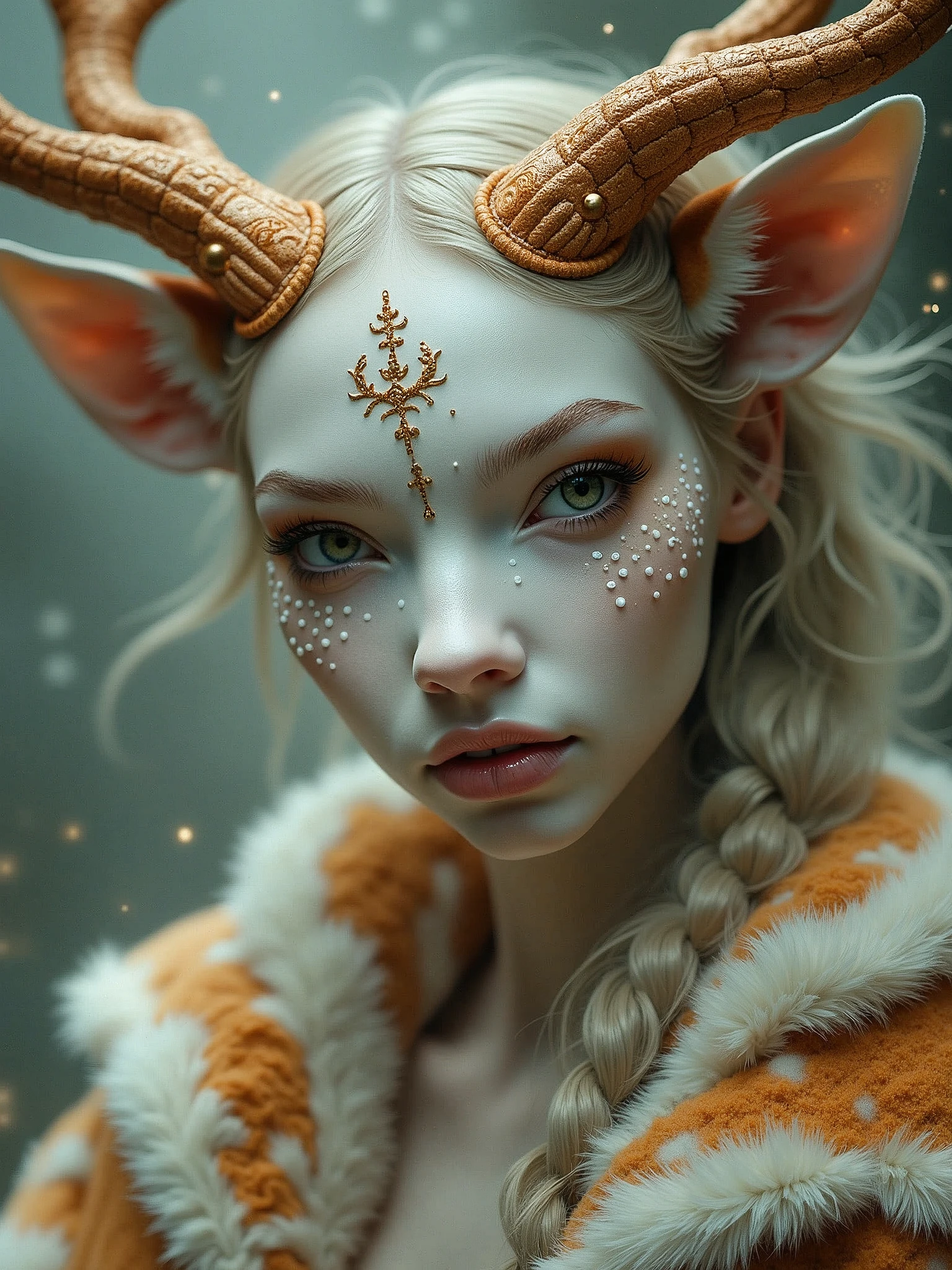 Create an alien with white, braided hair,nymph ears, blue colored eyes, albino skin, golden indigenous tattoos on the face, cat muzzle
