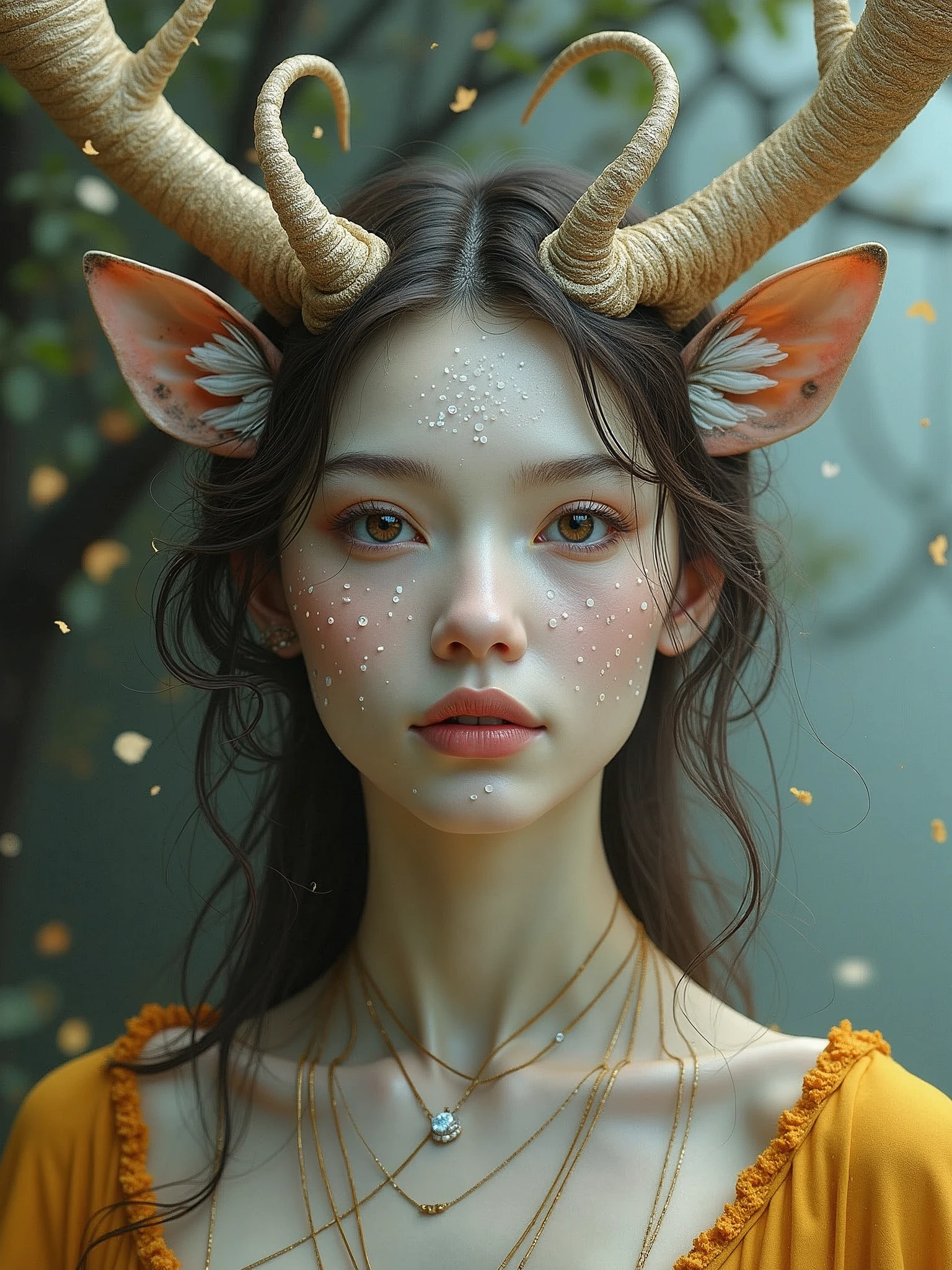 a woman with white polka dots on her face, 5 0 0 px models, anthropomorphic female deer, bastet, wild angle lens, air brush, fur, mixed techniques, featured on artscape, artgram, main character, tiger pelt, satyr, subtractive lighting, reduce character duplication, golden-ratio, contour