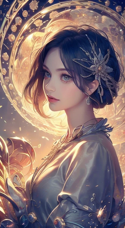 Official Art, Unified 8k wallpaper, Super detailed, beautiful Beauty, beautiful, masterpiece, Highest quality, (Tangled, Tangled, Intertwined), (Flower Ecstasy: 1.2) Dynamic Angle, Cowboy Shot, The Most beautiful Chaotic Forms, Elegant, Fauvist design, Bright colors, Romanticism, atmosphere, Golden Crow, Sun God, feather, fire,