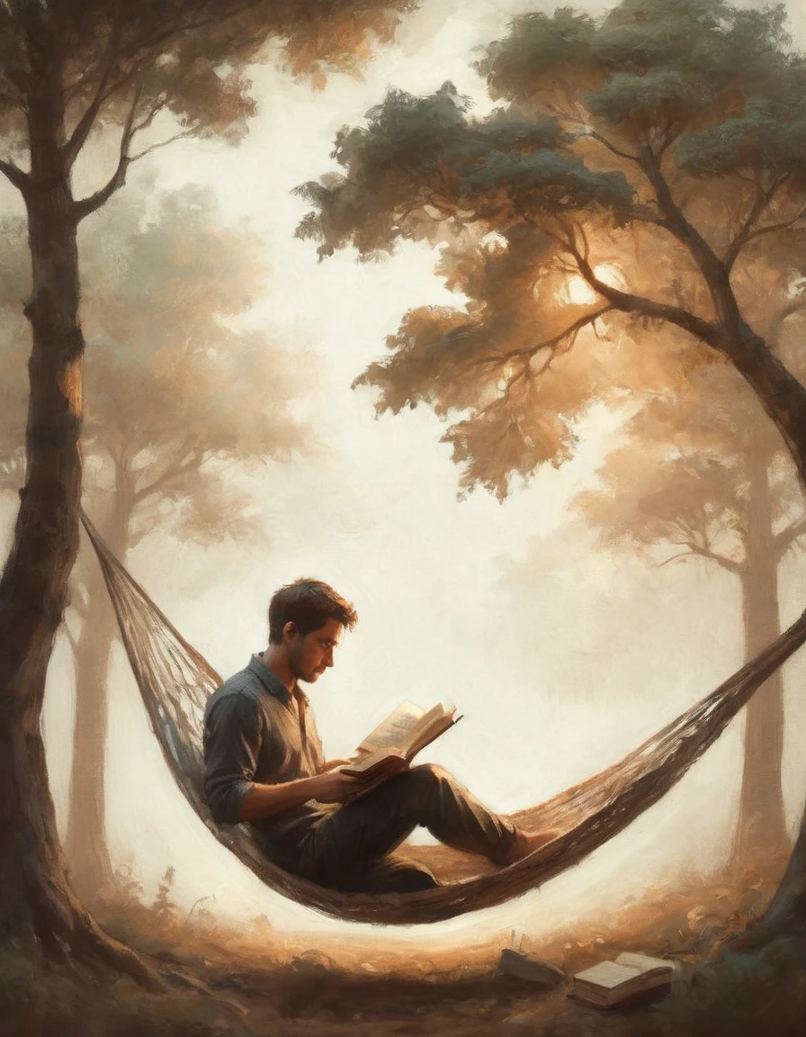 Hyperreal digital art style, "Fairytale", fantasy world coming out of centered book, open book, hyperdetailed double exposure fantasy illustration, masterpiece, cinematic, by Andreas Lie, Luke Gram, photorealism, backlit, gorgeous light, a man resting in a hammock reading a book