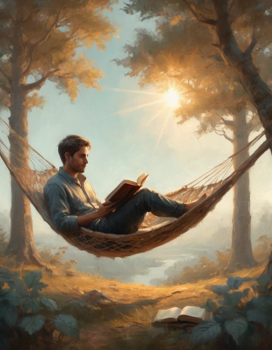 Hyperreal digital art style, "Fairytale", fantasy world coming out of centered book, open book, hyperdetailed double exposure fantasy illustration, masterpiece, cinematic, by Andreas Lie, Luke Gram, photorealism, backlit, gorgeous light, a man resting in a hammock reading a book