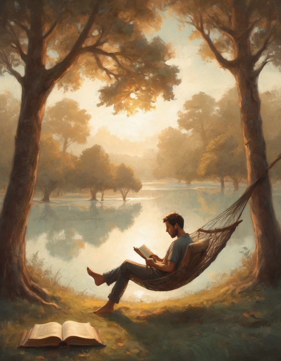 Hyperreal digital art style, "Fairytale", fantasy world coming out of centered book, open book, hyperdetailed double exposure fantasy illustration, masterpiece, cinematic, by Andreas Lie, Luke Gram, photorealism, backlit, gorgeous light, a man resting in a hammock reading a book