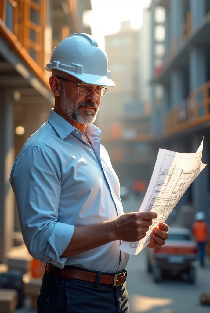 Electricalal engineer with white hard hat holding a blueprint boy