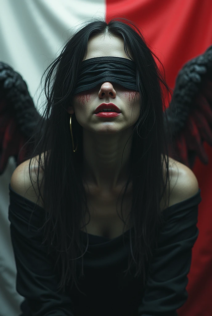 a suffering angel with blindfolded, detailed gloomy angel, in the background Polish colors white-red, photorealistic, gruselig, düster, gothic style