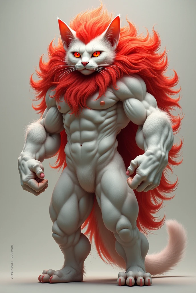 Slim Bodybuilder cat,with big hair,red eyes, white hair