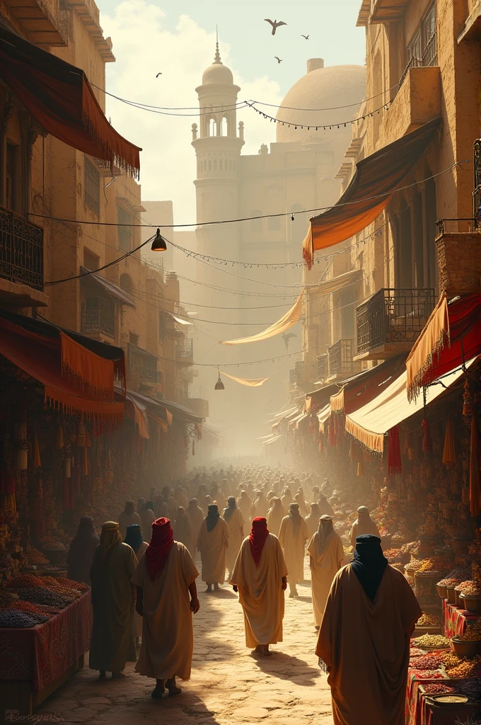 Old arab market with people with blur face with some camel