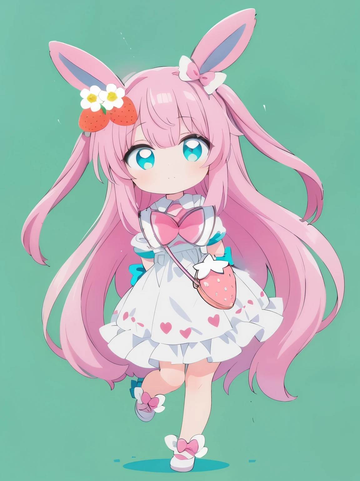 1girl,chibi,full body,green background,light blue eyes,with heat-shaped irises,rabbit ears,pink hair,long hair,enjoy,tareme,cute eyes,strawberry pattem,two side up hair