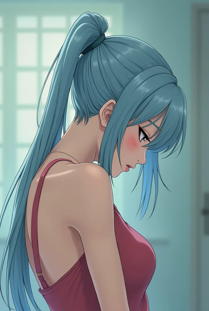 Sexual activity of a high school girl with light blue hair and a ponytail