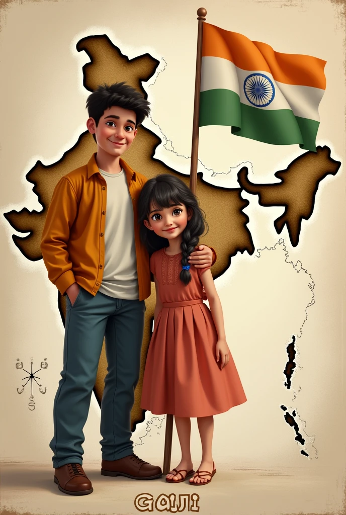 I want one big brother one sister small brother in background Indian map with flag and at the bottom from name Rahul Radheeka RamCharan and lucky and whole Gajji family