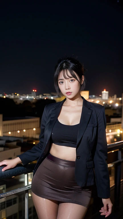 (masterpiece:1.2, Highest quality), Beautiful mature woman with a beautiful face，((45-year-old woman，ベテランflight attendant)), ((White blazer 1.4)), ((Red tight mini skirt 1.4)，((Sweaty 1.5))，((Glowing Skin 1.3))，((Purple short hair 1.8))，((Accentuate the cleavage))，flight attendant, (Thighs), Perfect hands, (((Night downtown background))), , Providing safety instructions, Responding to emergencies, bangs,