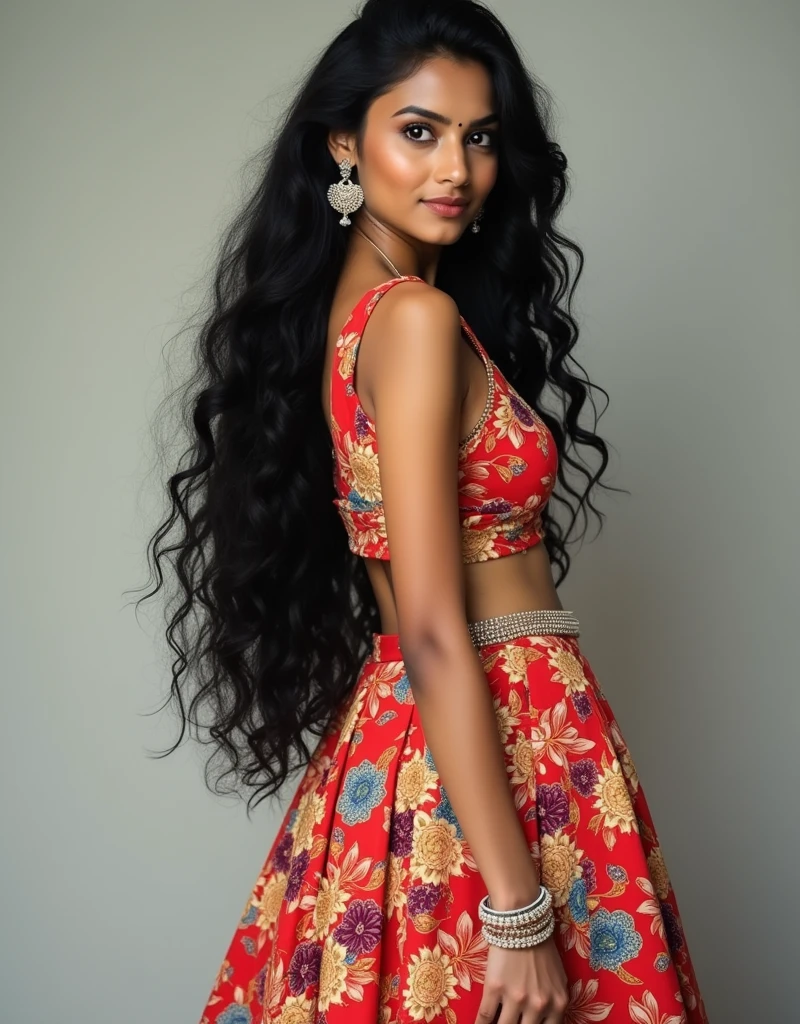 A stunning Indian Women with long, jet-black hair flowing down her back, wears a vibrant floral printed skirt that falls to the ground. Her curly locks cascade over her shoulders as she strikes a pose, adorned in sparkling jewelry and dangling earrings. The camera frames her solo figure against a neutral background, highlighting her intricate costume and radiant beauty.