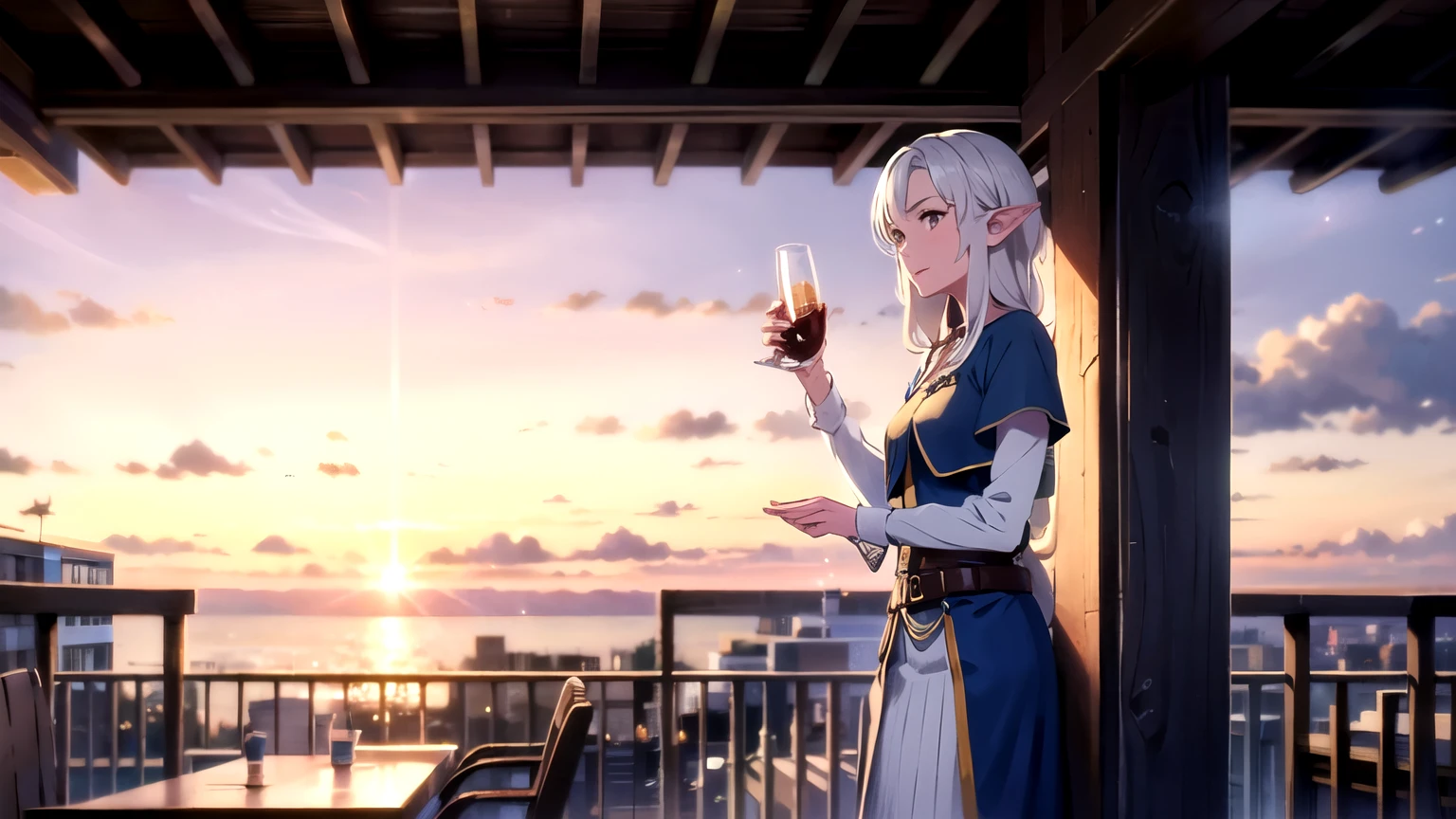 elf girl with white hair, wearing medieval dress, wearing headphone, standing on balcony in high tower watching sunset.