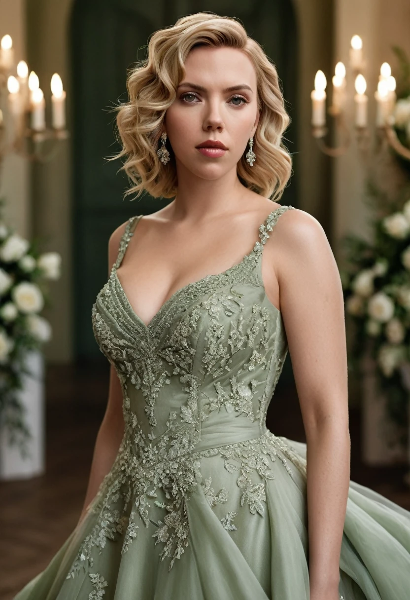Create a realistic image of a woman resembling Scarlett Johansson in a sage green wedding dress with elegant detailing. Her blonde hair is styled in soft waves, and she is in a refined, romantically lit wedding setting.