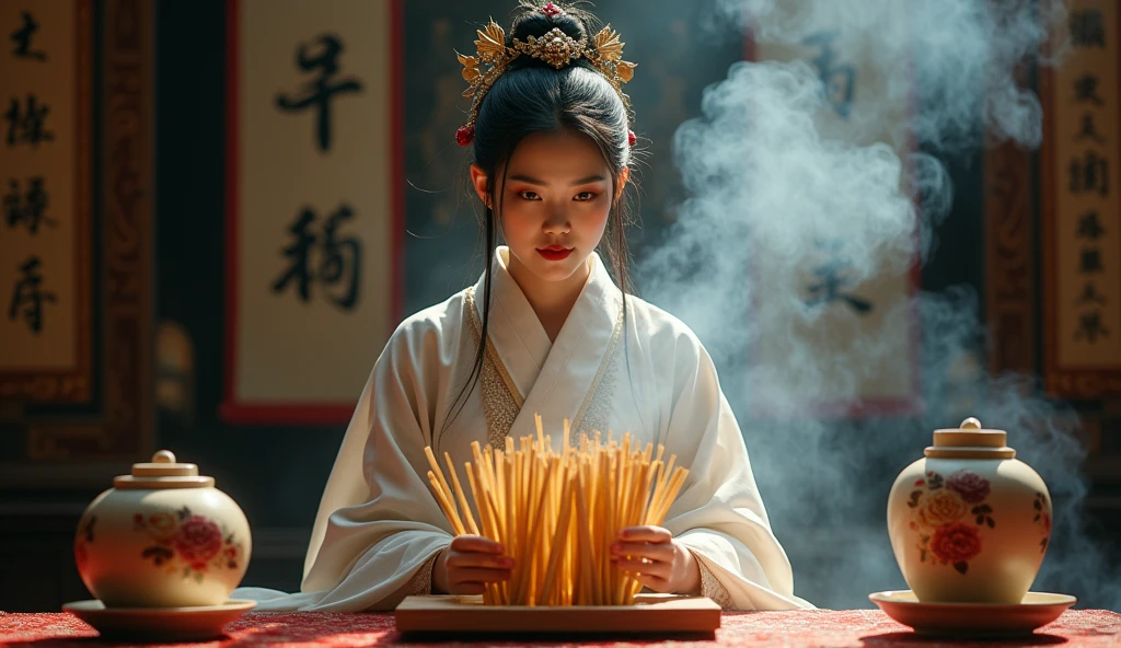 A beautiful and mysterious female fortune teller, dressed in traditional Chinese robes, gracefully shaking a bamboo tube filled with 64 yarrow sticks for divination. The scene is bathed in soft, mystical light without any flames or sparks, with delicate smoke swirling around her. Her eyes are intense and wise, and the atmosphere is filled with ancient wisdom and mysticism. The background features traditional Chinese decor, with intricate patterns and ancient scrolls, adding to the sense of depth and history. The bamboo tube and yarrow sticks remain untouched by fire, ensuring a calm and serene atmosphere.