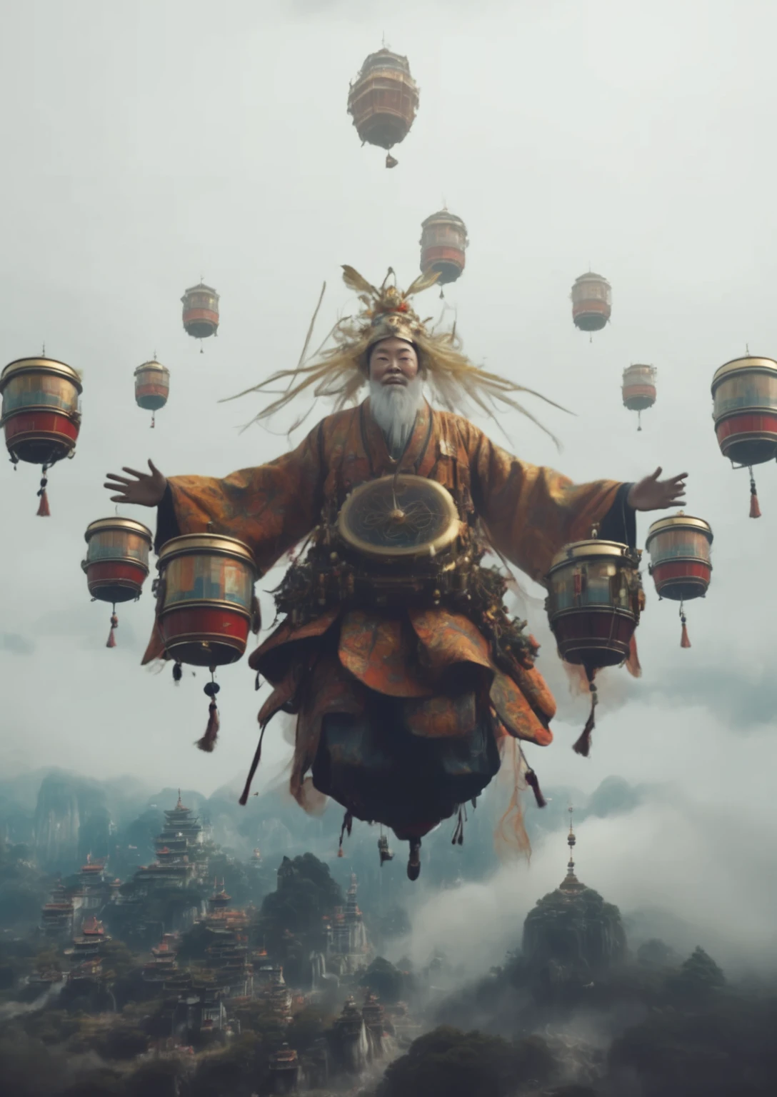 arafed image of a man in a costume flying in the air, chinese surrealism, beeple and jean giraud, cinematic beeple, japanese vfx, style hybrid mix of beeple, chinese fantasy, intricate ornate anime cgi style, beeple and mike winkelmann, highly detailed surreal vfx, beeple daily art, beeple masterpiece