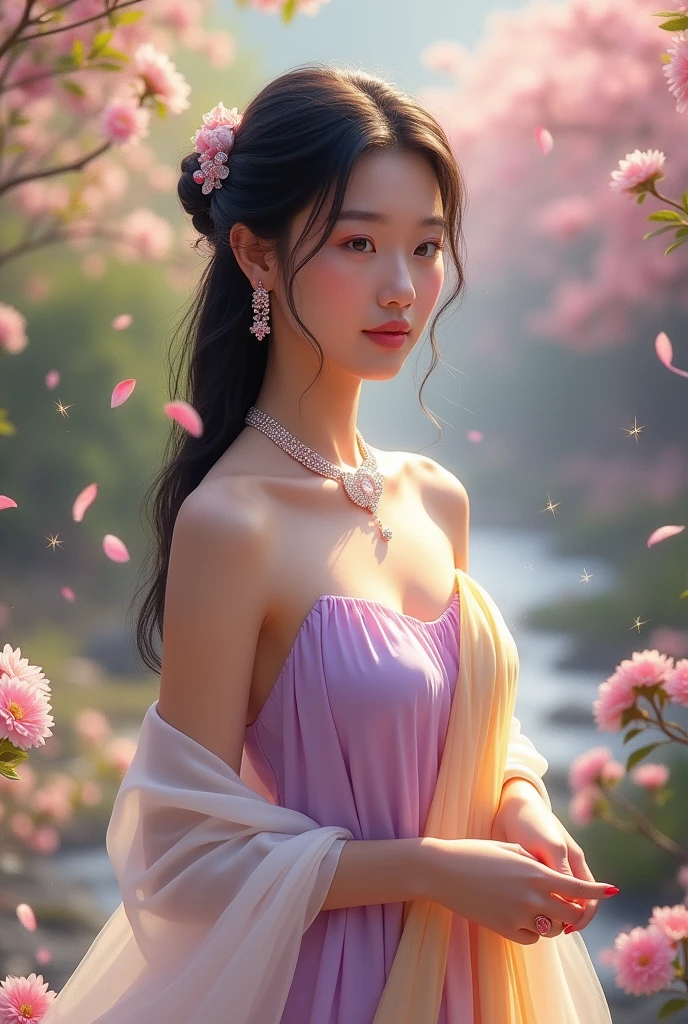 Full-body image in the wind of stars blowing small white flower petals. Full-body image of a beautiful, sweet young woman, 25 years old, wearing a sweet pink-purple Thai Dusit dress, purple sarong with gold trim, white silk shawl, sparkling, long black hair, tied loosely, wearing a necklace and earrings adorned with pink diamonds. The scene is beautiful like a dream, a white and pink jasmine garden, a small, beautiful stream, sparkling light. Three-dimensional image, oil painting, art painting by Ajarn Chalermchai.