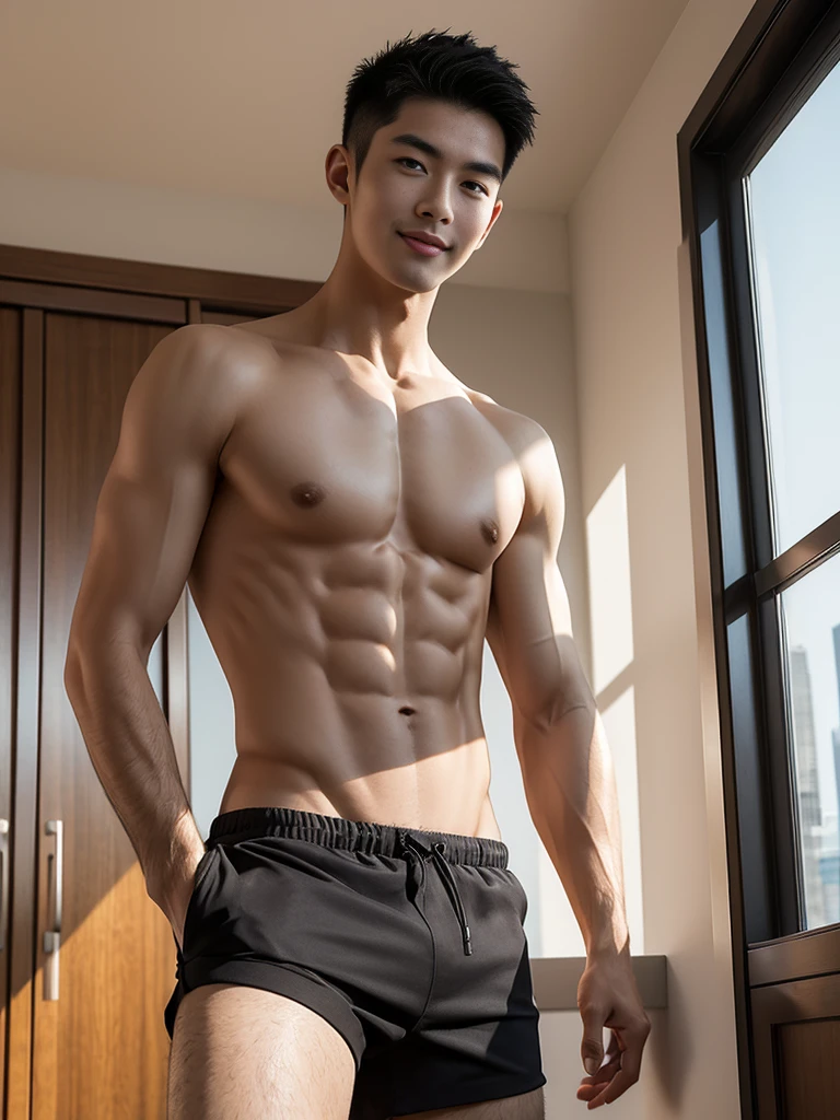 ((masterpiece)), ((best quality)), ((high resolution)), ((Detailed background)), ((extremely detailed)), 1 person,solo, Young men,Asian,male model,black hair,short hair,Smile,Sexy breasts,thin waist,6 pack abs,black shorts,Detailed physical description, in the room,Floor-to-ceiling windows,Sunlight,The shooting angle is from the bottom up,