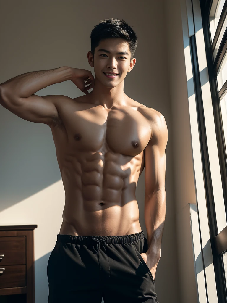 ((masterpiece)), ((best quality)), ((high resolution)), ((Detailed background)), ((extremely detailed)), 1 person,solo, Young men,Asian,male model,black hair,short hair,Smile,Sexy breasts,thin waist,6 pack abs,black shorts,Detailed physical description, in the room,Floor-to-ceiling windows,Sunlight,The shooting angle is from the bottom up,