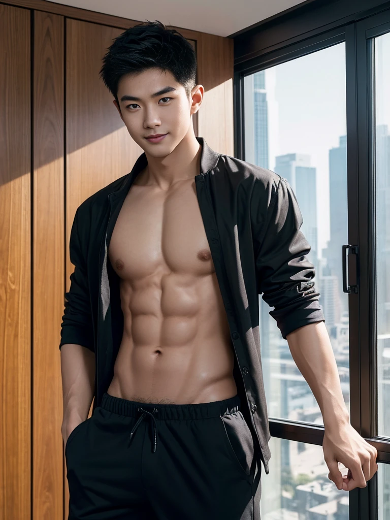 ((masterpiece)), ((best quality)), ((high resolution)), ((Detailed background)), ((extremely detailed)), 1 person,solo, Young men,Asian,male model,black hair,short hair,Smile,Sexy breasts,thin waist,6 pack abs,black shorts,Detailed physical description, in the room,Floor-to-ceiling windows,Sunlight,The shooting angle is from the bottom up,
