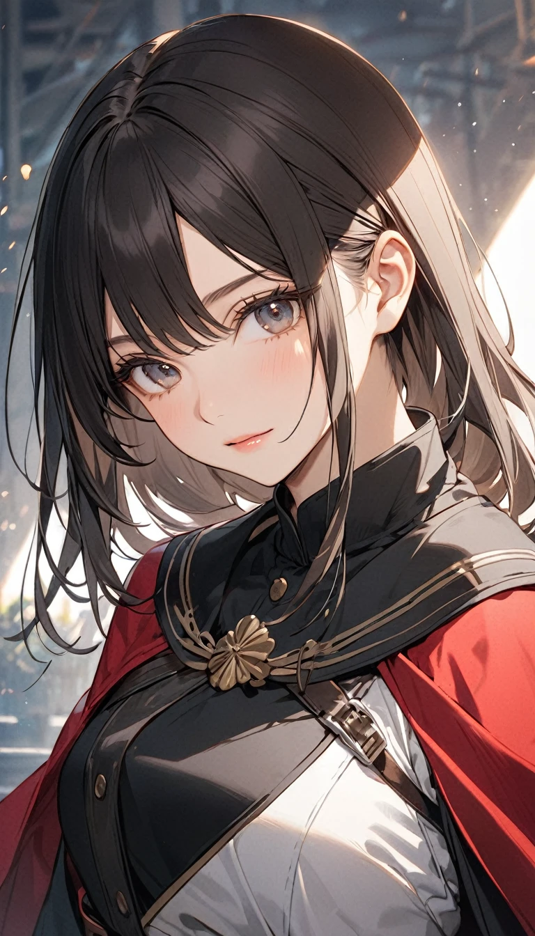 one person&#39;s, Perfect Face, Cute Stare, Teenage girl's body, Brown Hair , Half Body , Wearing Little Red Riding Hood, Blue pretty eyes, Black eye patch on the right side, 