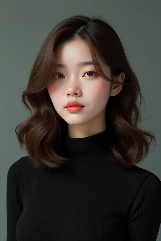 beautifull woman with black tshirt turtle neck, wavy long hair , brown hair , korean look , 3o years old , cubby , sexy