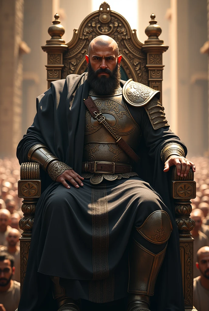 A warrior, wearing david's armour , who has black Islamic flag with calligraphy, sitting on top of a high throne, in front of thousands of people.