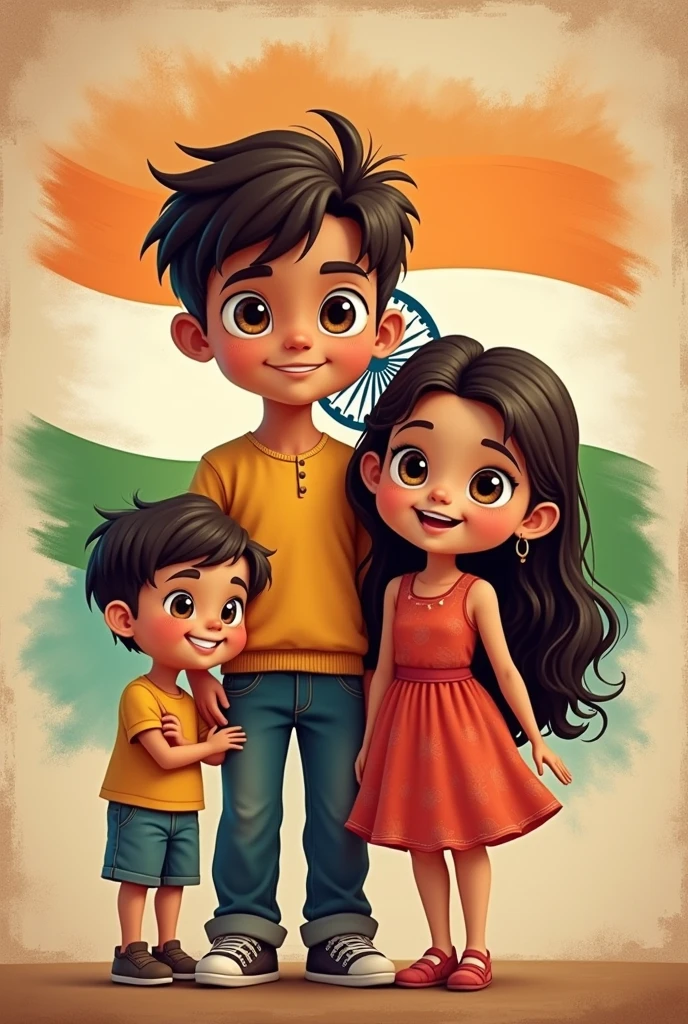 I want one big brother one sister small brother in background Indian map with flag and at the bottom from name Rahul Radheeka RamCharan and lucky whole Gajji family 