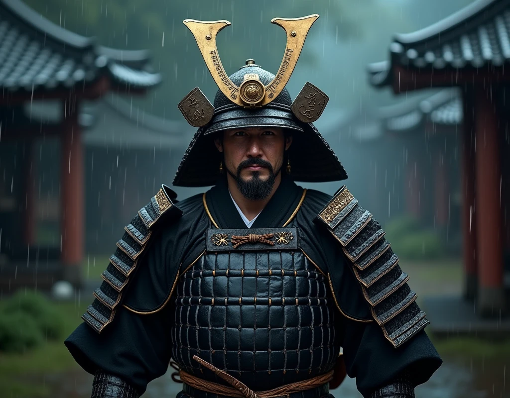 Front view, Japanese man samurai , (35 age-old, little beard, little mustache, serious),A samurai from the Kamakura period, wearing traditional armor and helmet, both hands holding a katana sword, The samurai stands in a battle-ready pose, with a determined expression, night ,rain, ((Anatomically correct,Surrealism, UHD, retina, accurate, anatomically correct, textured skin, super detail, high details, best quality, 8K))