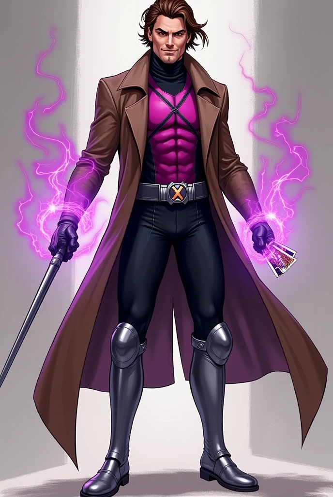 Gambit, white man, thirty-year-old, brown hair, handsome, shaved, black head sock wrapping around head but exposing face and hair, red pupils, smirking, full body, strong, brown trenchcoat, magenta chestplate, tight black spandex pants, belt with X symbol, silver high boots, metallic bo staff on right hand, cards on left hand, knee pads, standing, aura, glowing hands, purple-magenta aura,