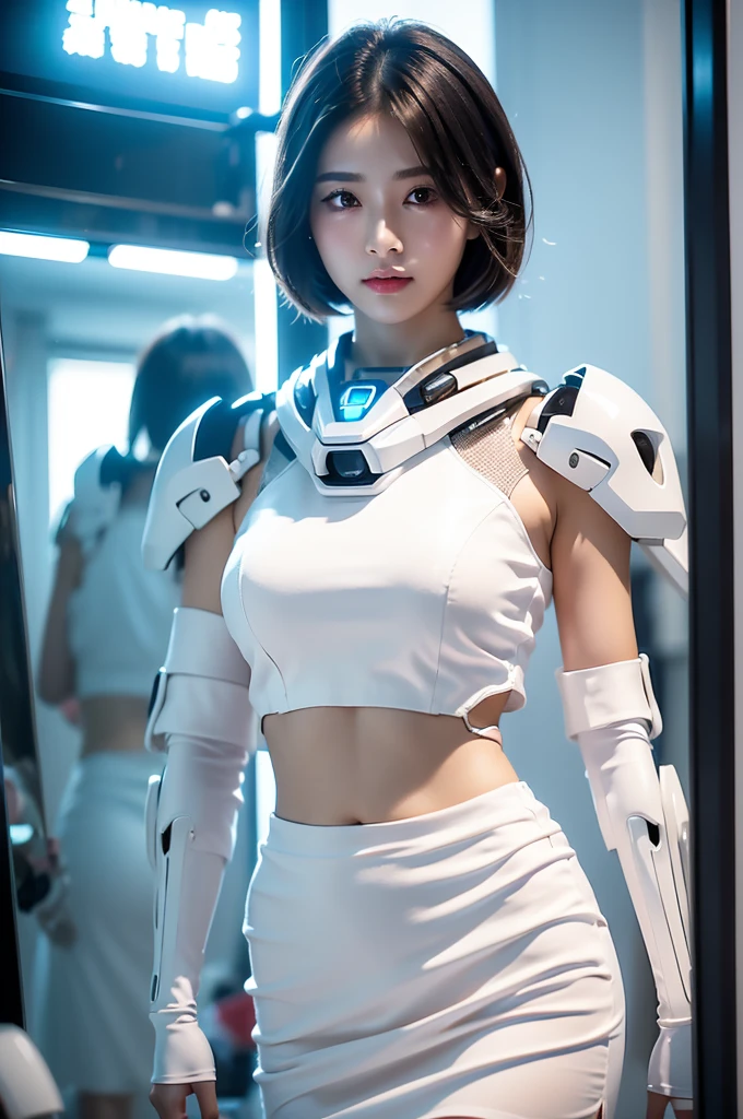 A girl,Short hair shoulder-length,Wearing a white skirt,Face the mirror,In the mirror is myself wearing a white mecha,Cyberpunk style