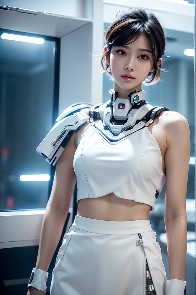 A girl,Short hair shoulder-length,Wearing a white skirt,Face the mirror,In the mirror is myself wearing a white mecha,Cyberpunk style