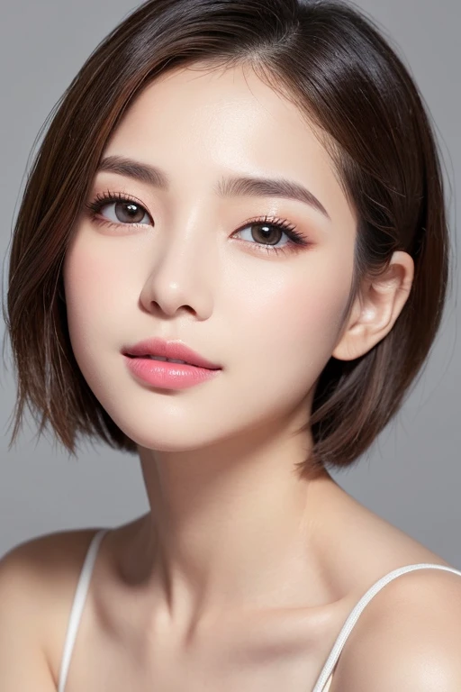 High-quality, ultra-realistic portraits。She has a well-balanced face、((The face shape can be either oval or round.))。(Eyes are gentle、Has a natural glow、The nose is well-groomed、Lips are plump and naturally colored)。The skin is transparent、Has a healthy glow。((Short Hair:1.3))。Makeup is natural、Use a light foundation、The bright lip colour adds a fun touch.。The lighting is soft and natural.、Accentuating facial features、Does not emphasize shadows。The background is simple and has a blurred gradient.、Focus on the face。