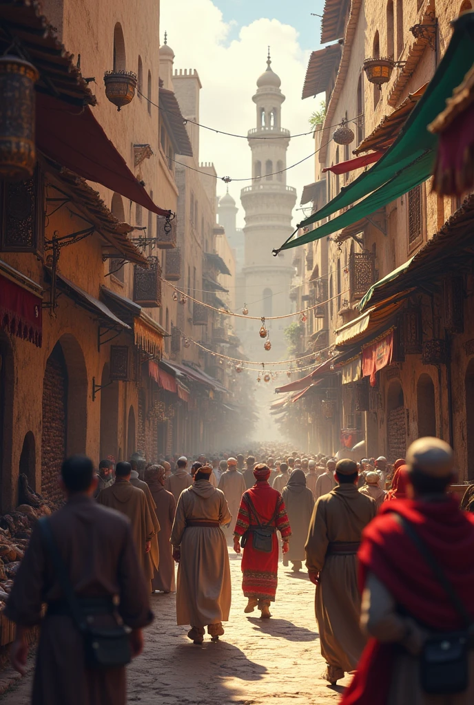 Old arab market with people with blur face people buying