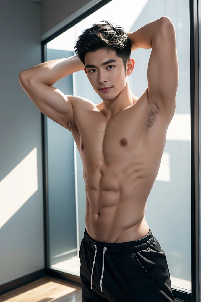 ((masterpiece)), ((best quality)), ((high resolution)), ((Detailed background)), ((extremely detailed)), 1 person,solo, Young men,Asian,male model,black hair,short hair,Smile,Sexy breasts,thin waist,6 pack abs,black shorts,Detailed physical description, in the room,Floor-to-ceiling windows,Sunlight,The shooting angle is from the bottom up, lifted arms, shaved armpits